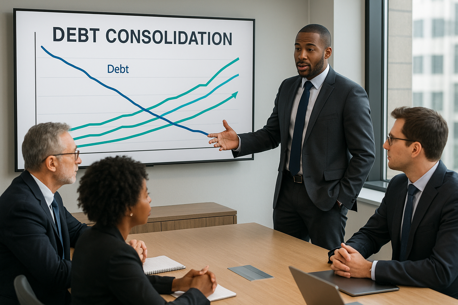 business debt consolidation with real people and a graph chart